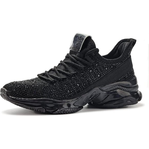 Shoes - Women's Rhinestone Mesh Slip On Walking Breathable Glitter Sneaker Shoes Black